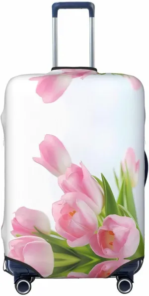 Travel Luggage Cover Suitcase Stretch Washable Bouquet Of Pink Tulips Flower Suitcase Protector Bag,Spandex With Zipper Closure Baggage Covers For Kid Adult,Medium
