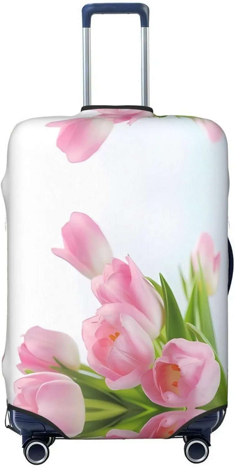 Travel Luggage Cover Suitcase Stretch Washable Bouquet Of Pink Tulips Flower Suitcase Protector Bag,Spandex With Zipper Closure Baggage Covers For Kid Adult,Medium