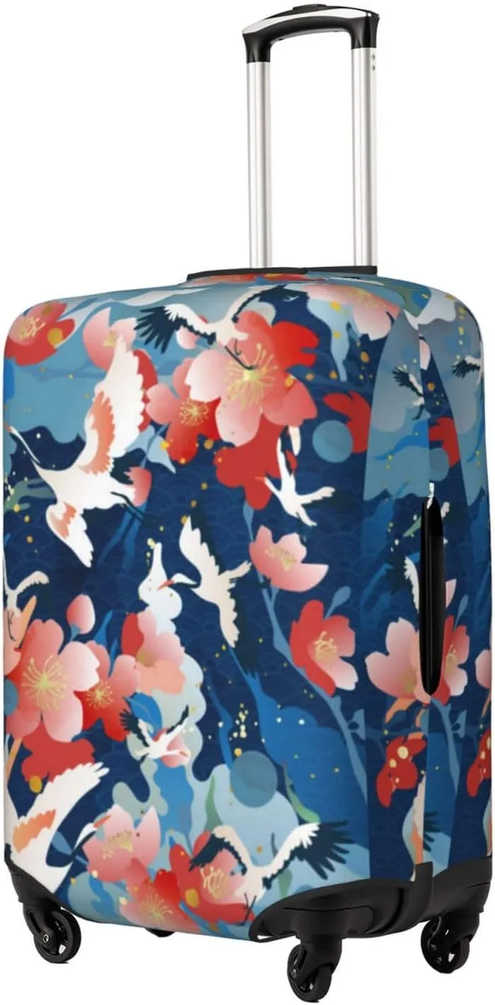Travel Luggage Cover Suitcase Stretch Washable Chinese Crane Bird Peach Flower Blossom Suitcase Protector Bag,Spandex Baggage Covers,Medium