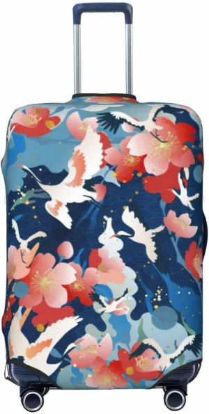 Travel Luggage Cover Suitcase Stretch Washable Chinese Crane Bird Peach Flower Blossom Suitcase Protector Bag,Spandex Baggage Covers,Medium