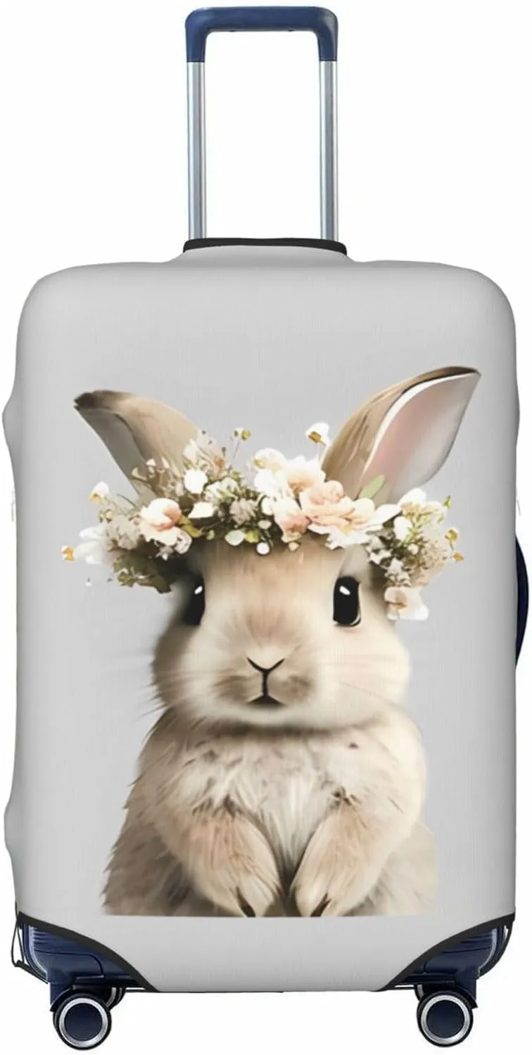 Travel Luggage Cover Suitcase Stretch Washable Cute Bunny In Floral Bouquet Rabbit Suitcase Protector Bag,Anti-Scratch Double-Sided Baggage Covers For Kid Adult,X-Large