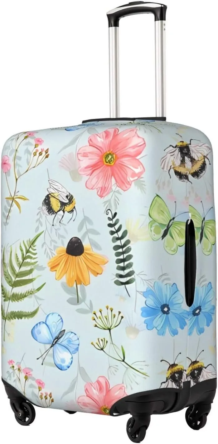 Travel Luggage Cover Suitcase Stretch Washable Flowers Bees Butterfly Botanical Suitcase Protector Bag,Dust-Proof Double-Sided Baggage Covers,Medium
