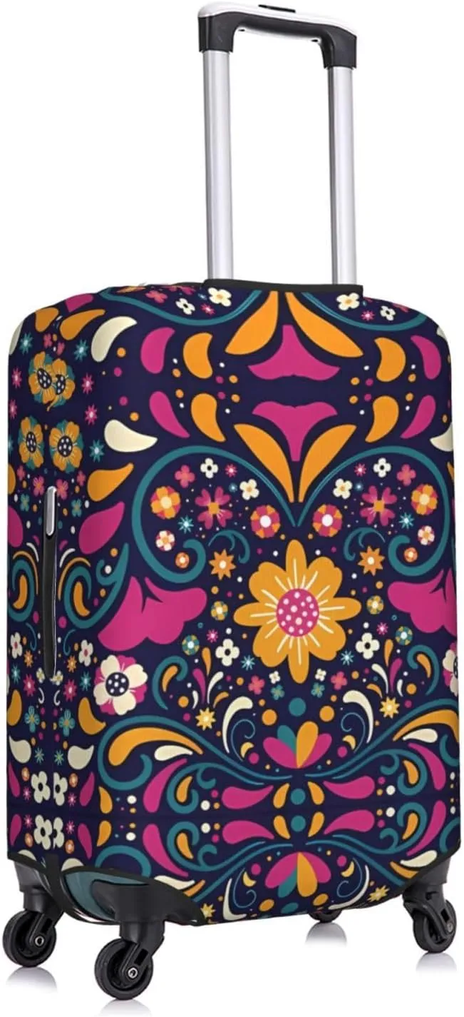 Travel Luggage Cover Suitcase Stretch Washable Mexican Folk Art Floral Suitcase Protector Bag,Dust-Proof With Zipper Closure Baggage Covers,X-Large