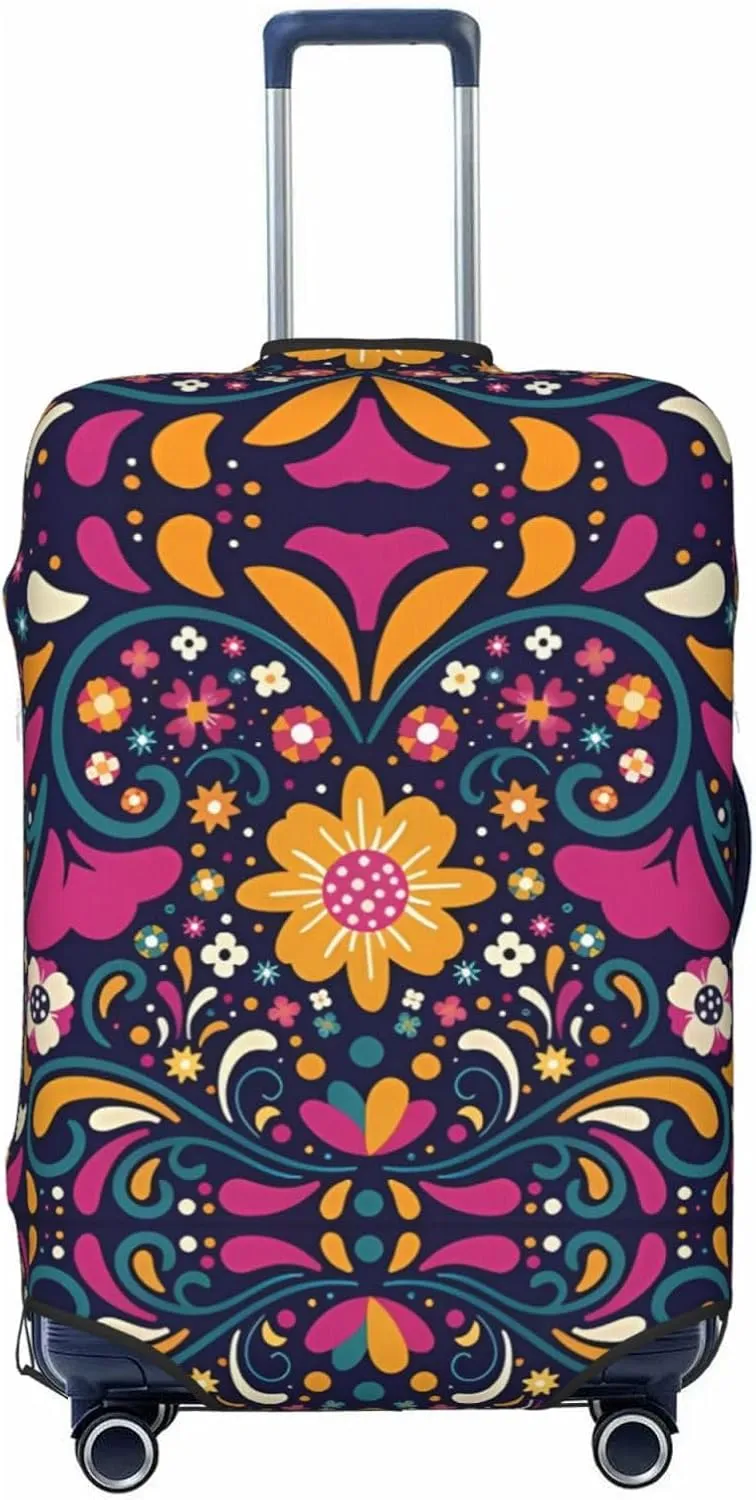 Travel Luggage Cover Suitcase Stretch Washable Mexican Folk Art Floral Suitcase Protector Bag,Dust-Proof With Zipper Closure Baggage Covers,X-Large