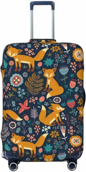 Travel Luggage Cover Suitcase Stretch Washable Vintage Fox And Flowers Suitcase Protector Bag,Anti-Scratch With Zipper Closure Baggage Covers,X-Large