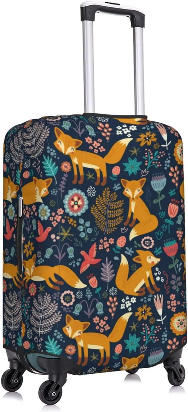 Travel Luggage Cover Suitcase Stretch Washable Vintage Fox And Flowers Suitcase Protector Bag,Anti-Scratch With Zipper Closure Baggage Covers,X-Large