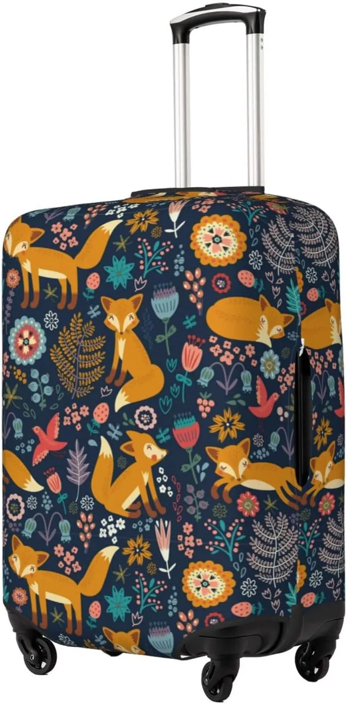 Travel Luggage Cover Suitcase Stretch Washable Vintage Fox And Flowers Suitcase Protector Bag,Anti-Scratch With Zipper Closure Baggage Covers,X-Large