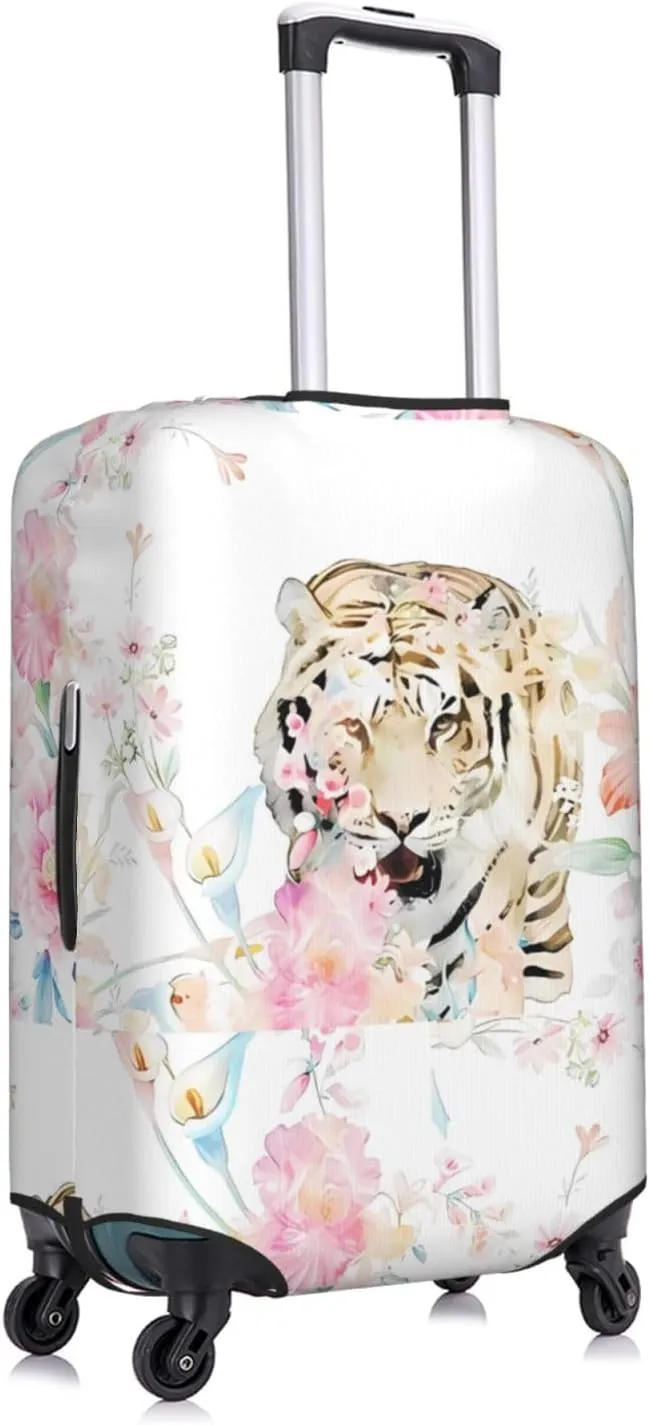 Travel Luggage Cover Suitcase Stretch Washable Watercolor Flower Tiger Bouquet Suitcase Protector Bag,Spandex With Zipper Closure Baggage Covers For Kid Adult,Large