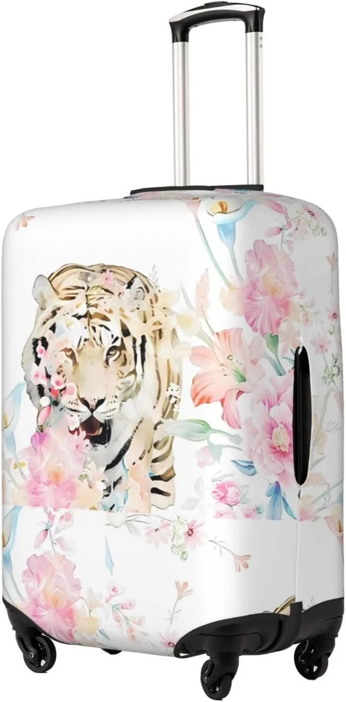 Travel Luggage Cover Suitcase Stretch Washable Watercolor Flower Tiger Bouquet Suitcase Protector Bag,Spandex With Zipper Closure Baggage Covers For Kid Adult,Large