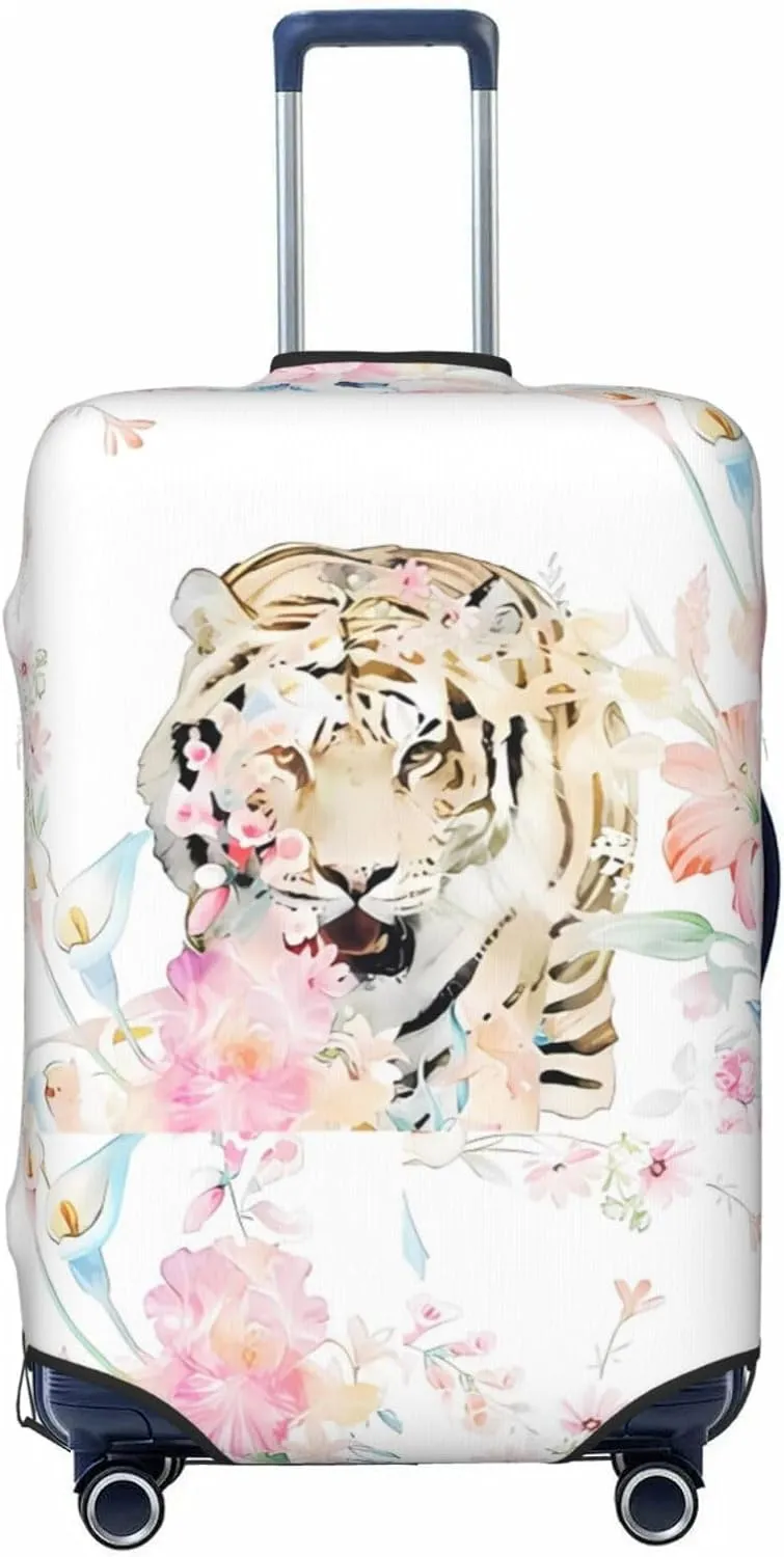 Travel Luggage Cover Suitcase Stretch Washable Watercolor Flower Tiger Bouquet Suitcase Protector Bag,Spandex With Zipper Closure Baggage Covers For Kid Adult,Large
