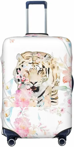 Travel Luggage Cover Suitcase Stretch Washable Watercolor Flower Tiger Bouquet Suitcase Protector Bag,Spandex With Zipper Closure Baggage Covers For Kid Adult,Large
