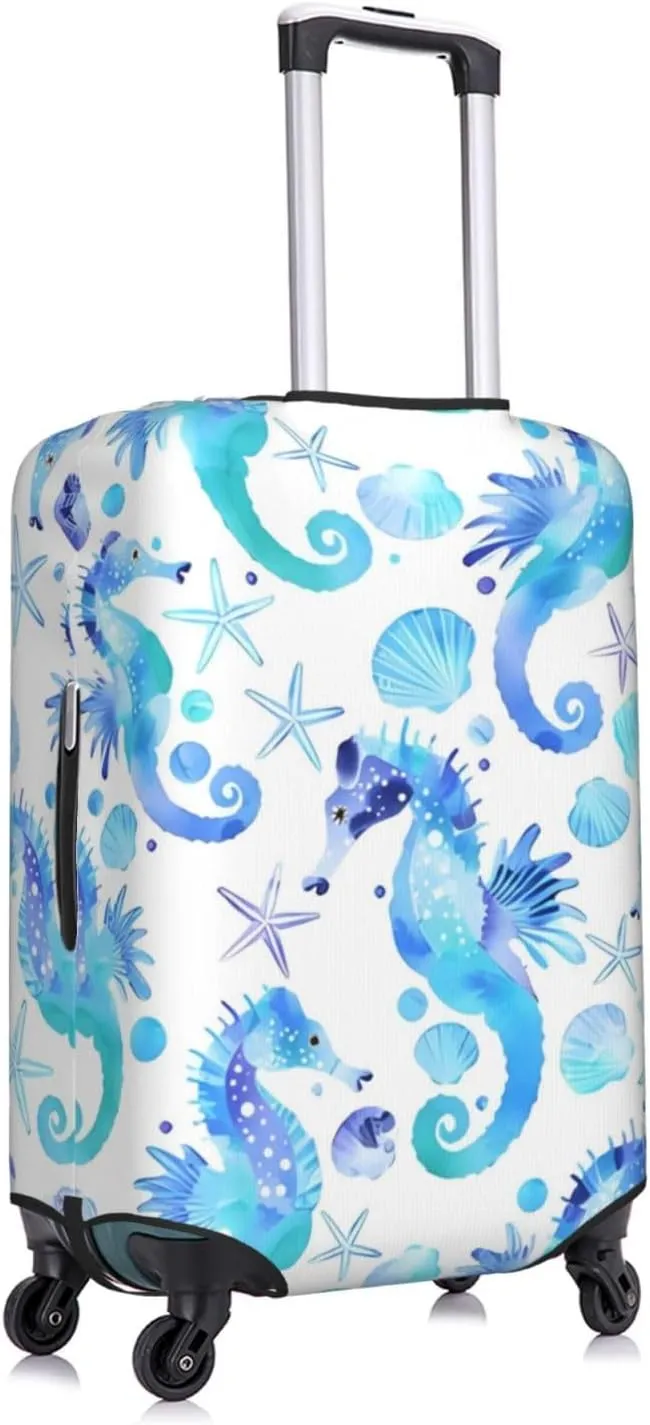Travel Luggage Cover Suitcase Stretch Washable Watercolor Seahorses Starfishes Seashells Suitcase Protector Bag,Anti-Scratch With Zipper Closure Baggage Covers For Kid Adult,Medium