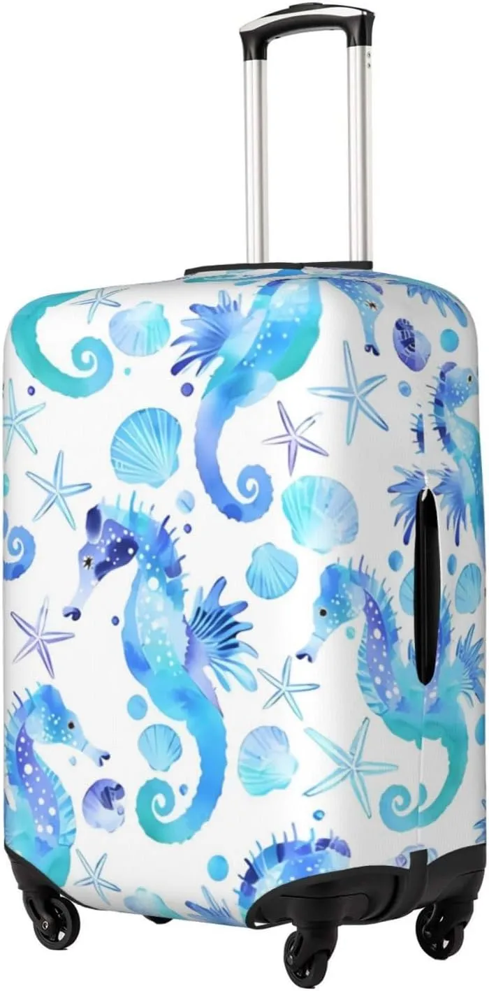 Travel Luggage Cover Suitcase Stretch Washable Watercolor Seahorses Starfishes Seashells Suitcase Protector Bag,Anti-Scratch With Zipper Closure Baggage Covers For Kid Adult,Medium