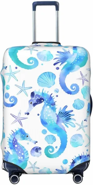 Travel Luggage Cover Suitcase Stretch Washable Watercolor Seahorses Starfishes Seashells Suitcase Protector Bag,Anti-Scratch With Zipper Closure Baggage Covers For Kid Adult,Medium