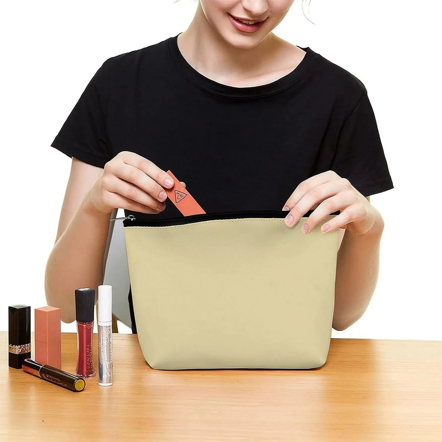 Travel Makeup Bag, Solid Beige Tan Cosmetic Bags for Women Large Capacity Waterproof Toiletry Pouch Make up Organizer