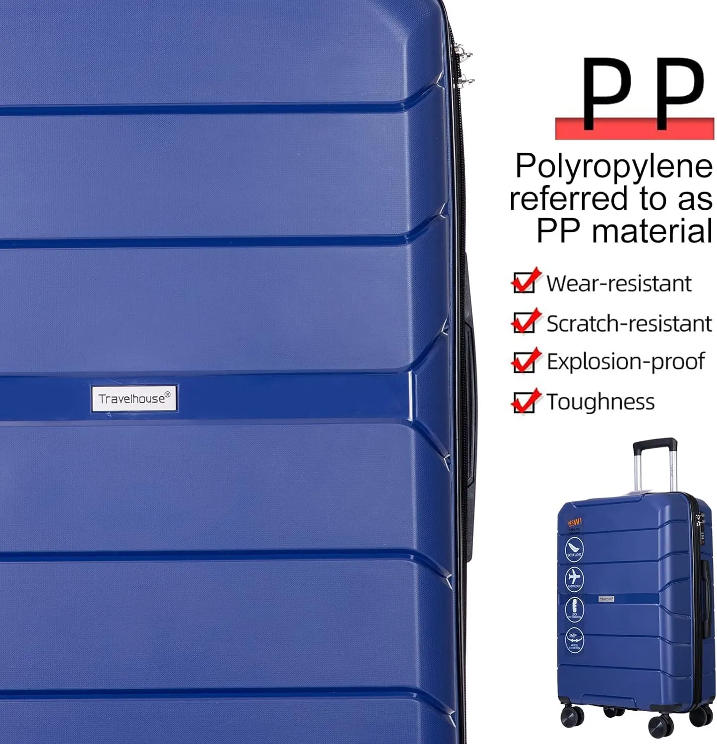 Travelhouse Luggage Sets 3 Piece PP Suitcase Set Hardside Spinner Wheel Luggage Clearance Lightweight TSA Lock for Travel, Business(20/24/28)(Navy)