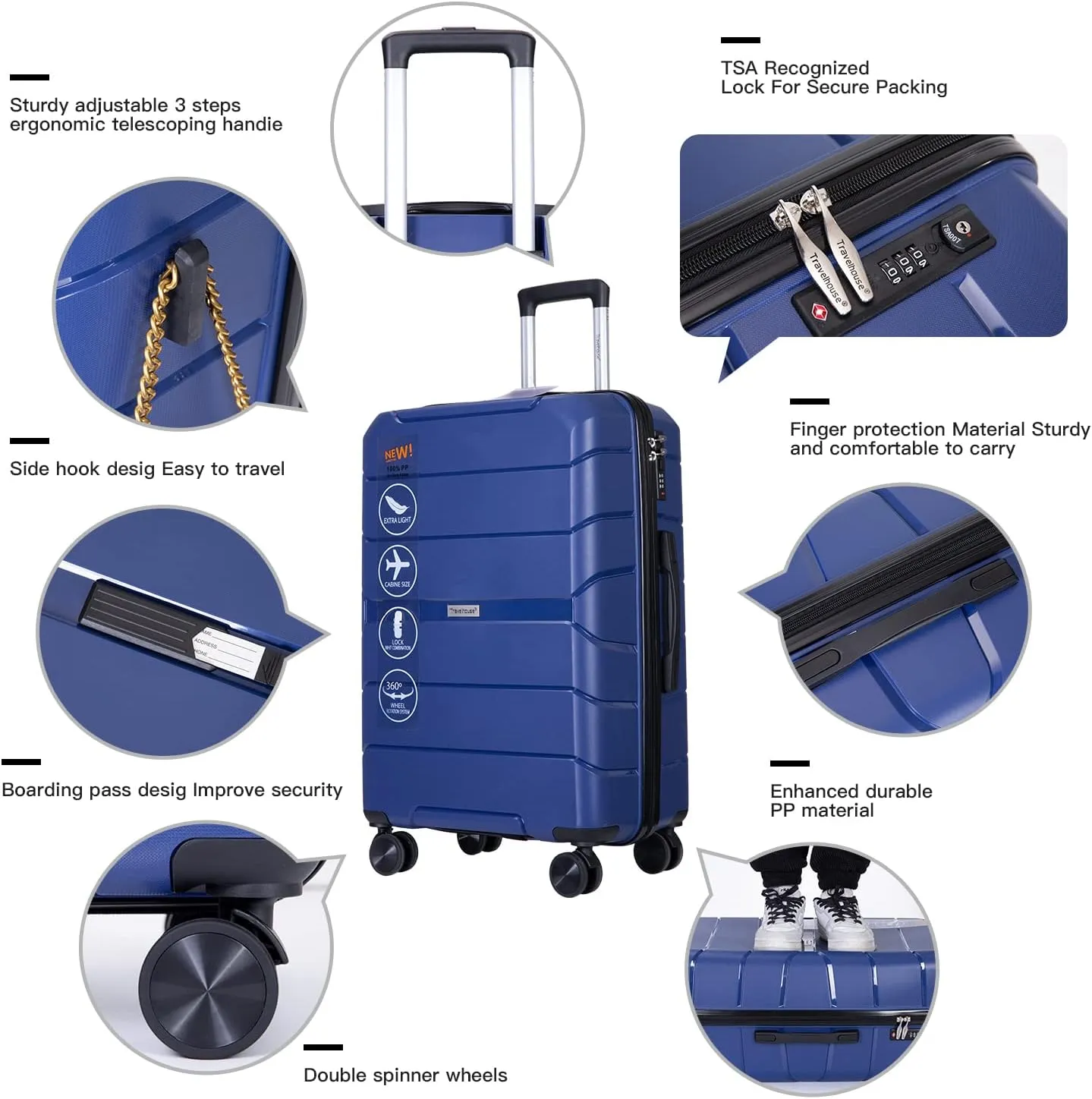 Travelhouse Luggage Sets 3 Piece PP Suitcase Set Hardside Spinner Wheel Luggage Clearance Lightweight TSA Lock for Travel, Business(20/24/28)(Navy)