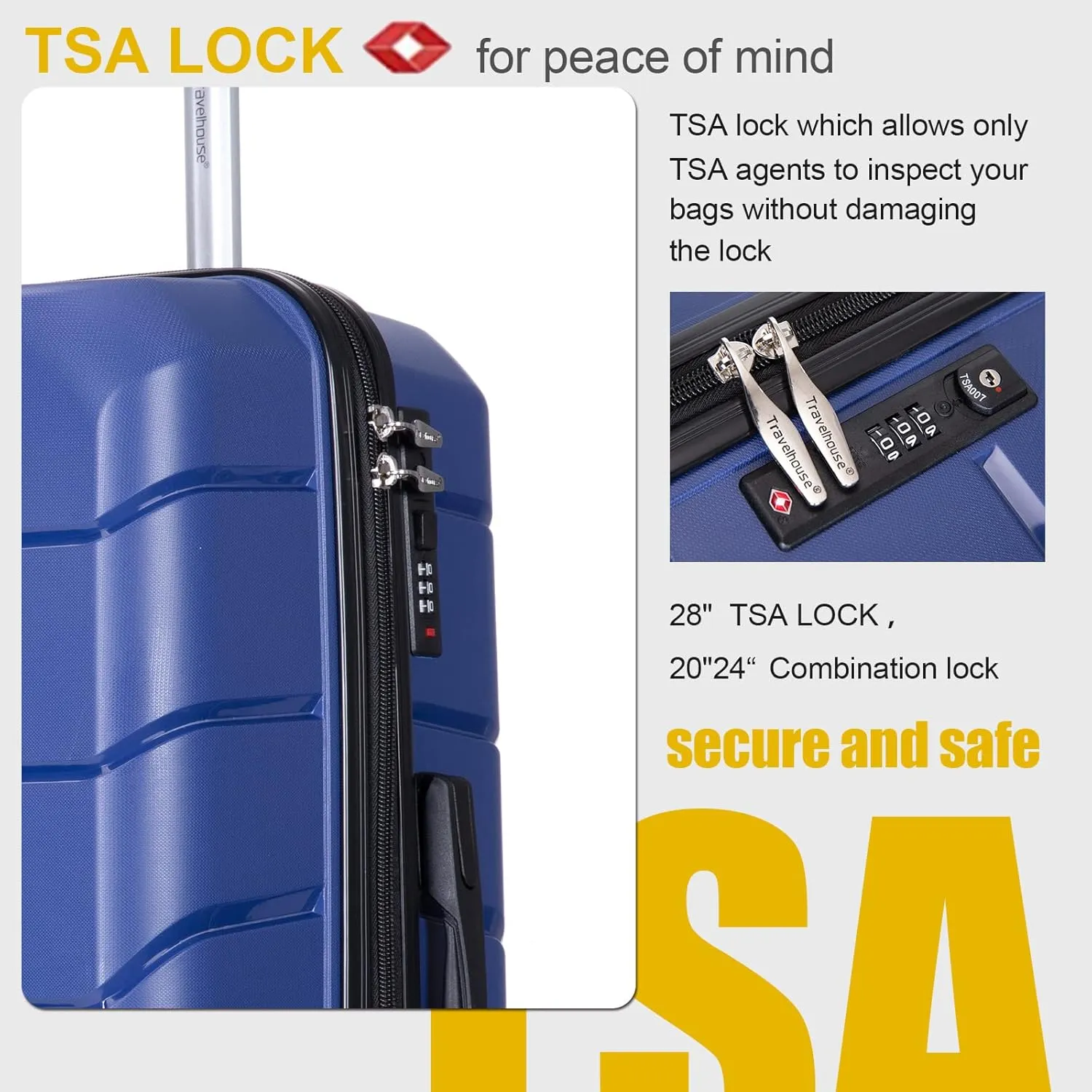 Travelhouse Luggage Sets 3 Piece PP Suitcase Set Hardside Spinner Wheel Luggage Clearance Lightweight TSA Lock for Travel, Business(20/24/28)(Navy)