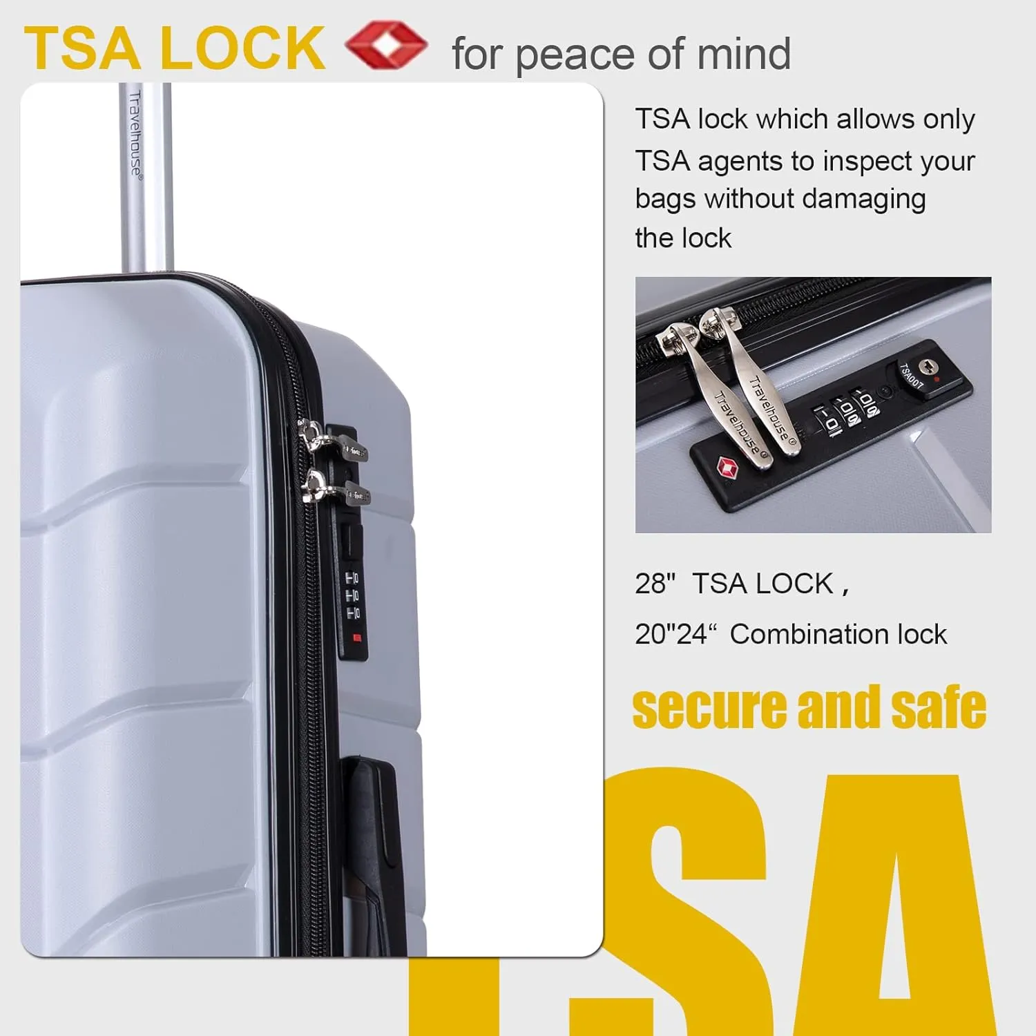Travelhouse Luggage Sets 3 Piece PP Suitcase Set Hardside Spinner Wheel Luggage Clearance Lightweight TSA Lock for Travel, Business(20/24/28)(Silver)