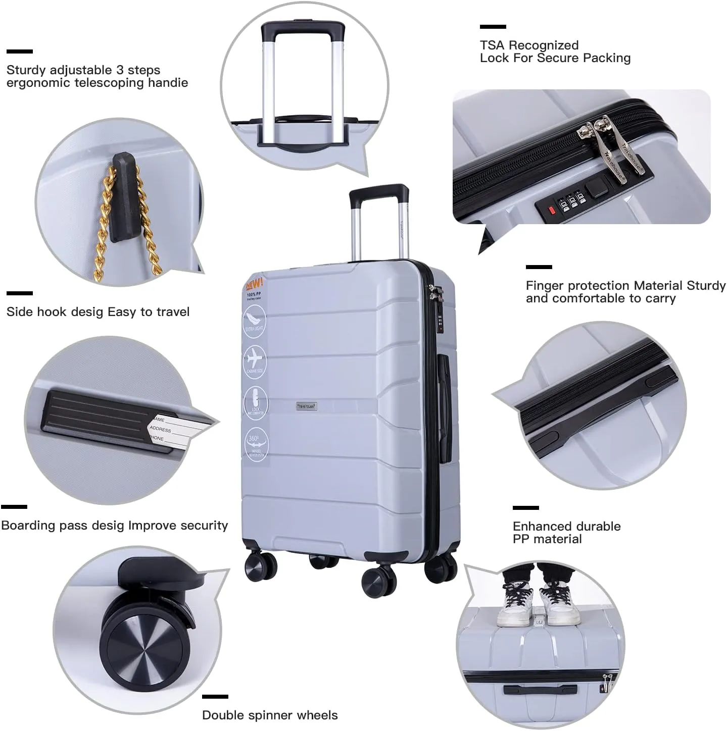 Travelhouse Luggage Sets 3 Piece PP Suitcase Set Hardside Spinner Wheel Luggage Clearance Lightweight TSA Lock for Travel, Business(20/24/28)(Silver)