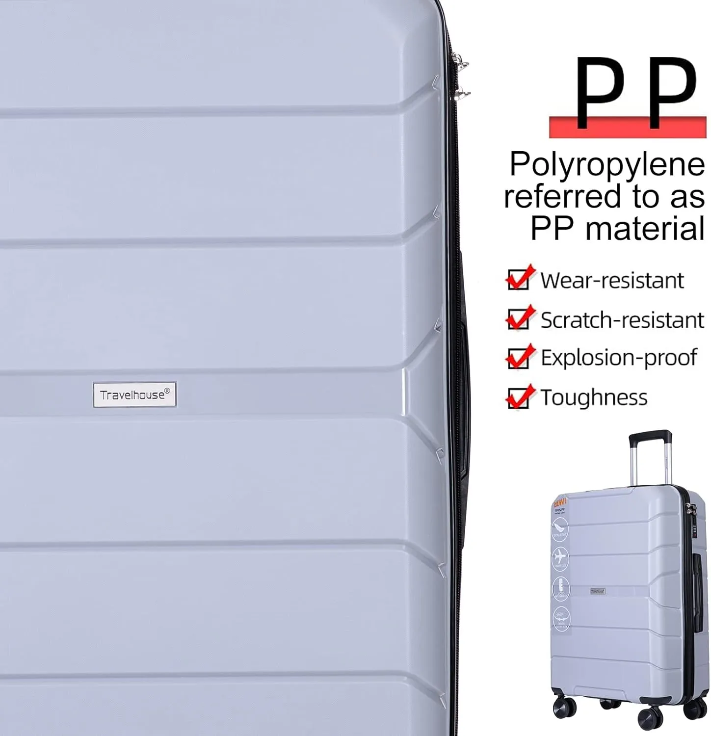 Travelhouse Luggage Sets 3 Piece PP Suitcase Set Hardside Spinner Wheel Luggage Clearance Lightweight TSA Lock for Travel, Business(20/24/28)(Silver)