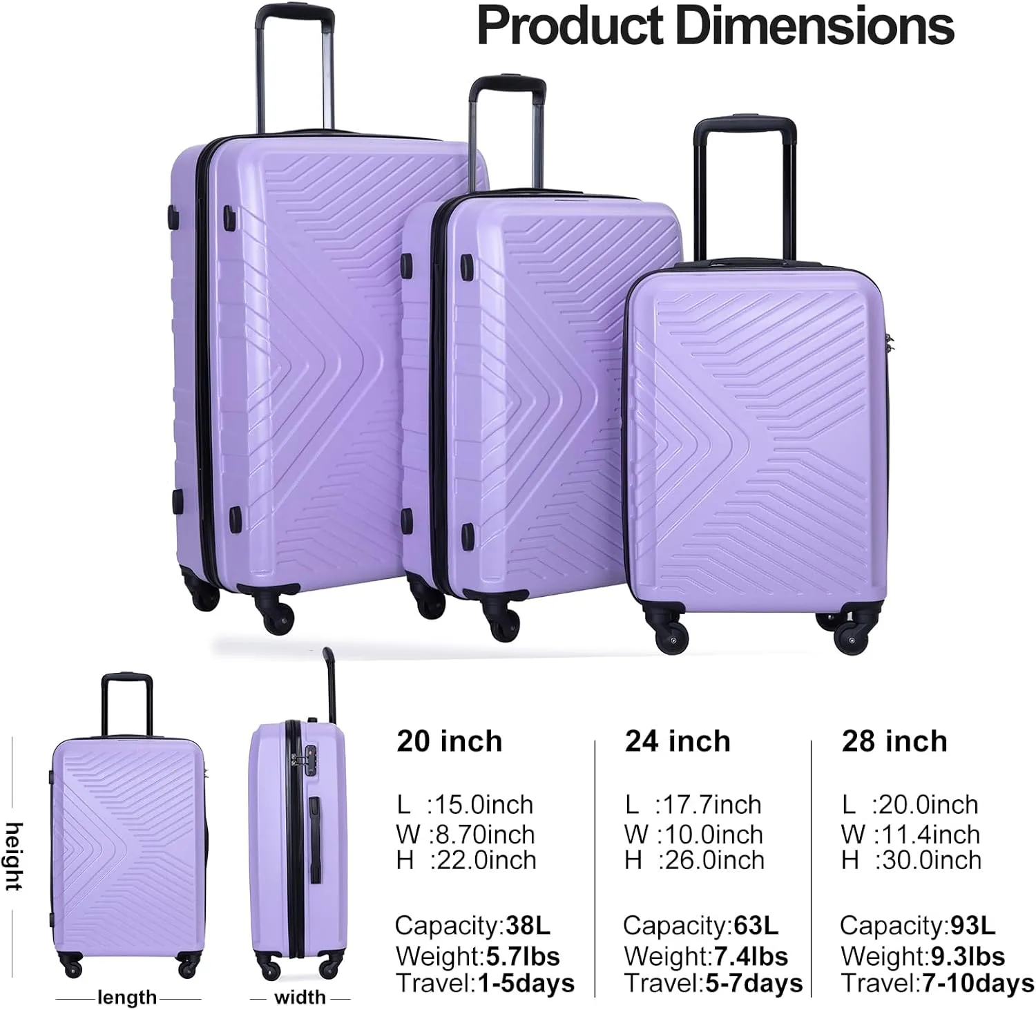 Travelhouse Luggage Sets, Expandable Hardside Suitcases 24in/28in, Carry on 20in,3 Piece Set Travel Luggages Clearance with Double Spinner Wheels TSA Lock Lightweight (1065-Purple)