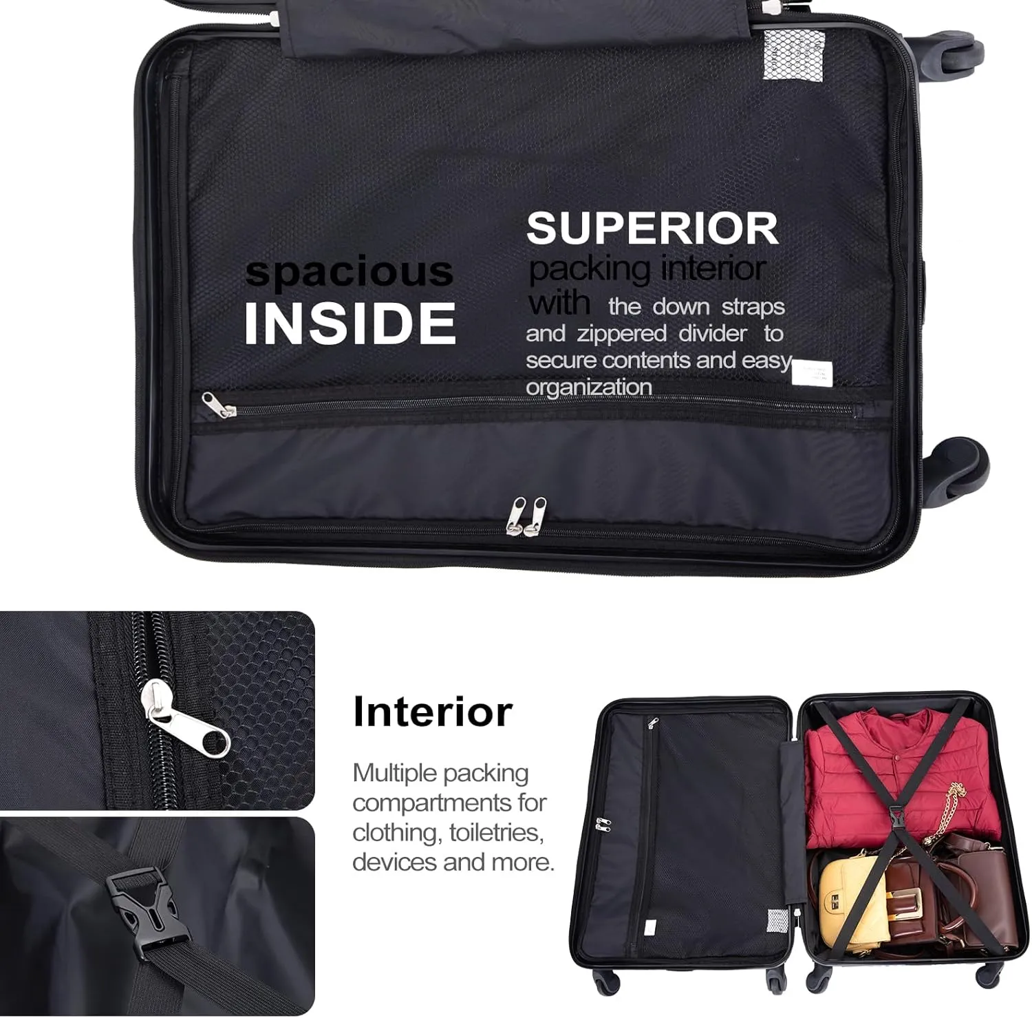 Travelhouse Luggage Sets, Expandable Hardside Suitcases 24in/28in, Carry on 20in,3 Piece Set Travel Luggages Clearance with Double Spinner Wheels TSA Lock Lightweight (BLACK-2000)