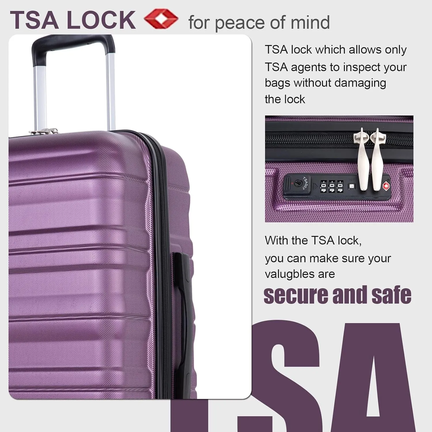 Travelhouse Luggage Sets, Hardside Suitcases 24in/28in, Carry on 20in,3 Piece Set Travel Luggages Clearance with Double Spinner Wheels TSA Lock Lightweight (Dark Purple)