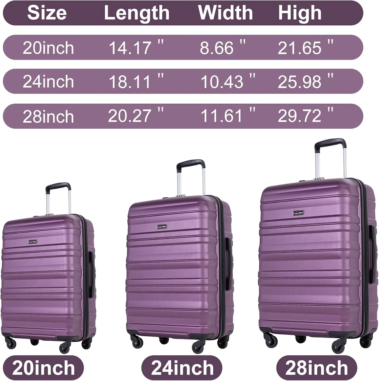 Travelhouse Luggage Sets, Hardside Suitcases 24in/28in, Carry on 20in,3 Piece Set Travel Luggages Clearance with Double Spinner Wheels TSA Lock Lightweight (Dark Purple)