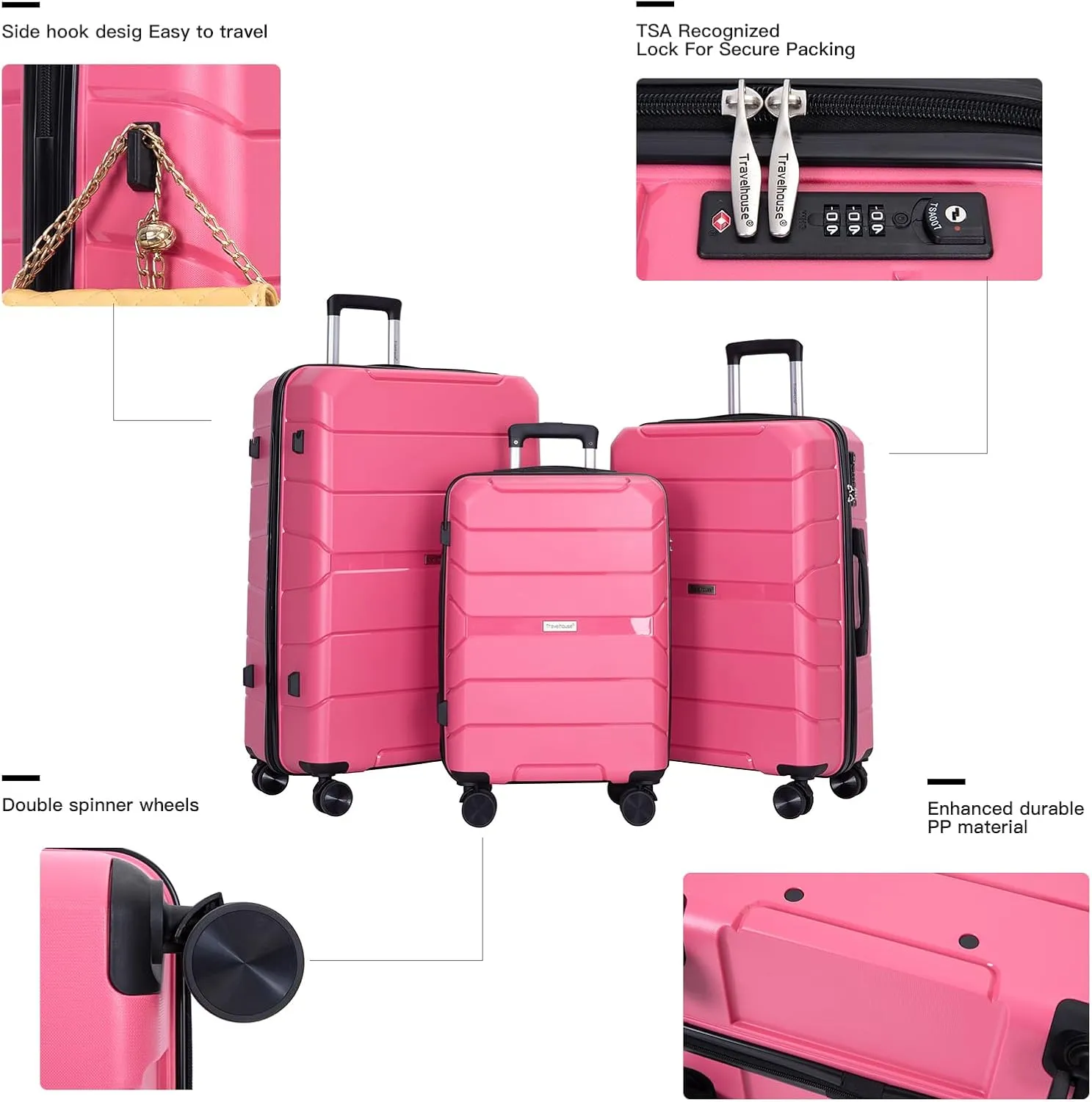 Travelhouse Luggage Sets, Hardside Suitcases 24in/28in, Carry on 20in,3 Piece Set Travel Luggages Clearance with Double Spinner Wheels TSA Lock Lightweight (Pink)