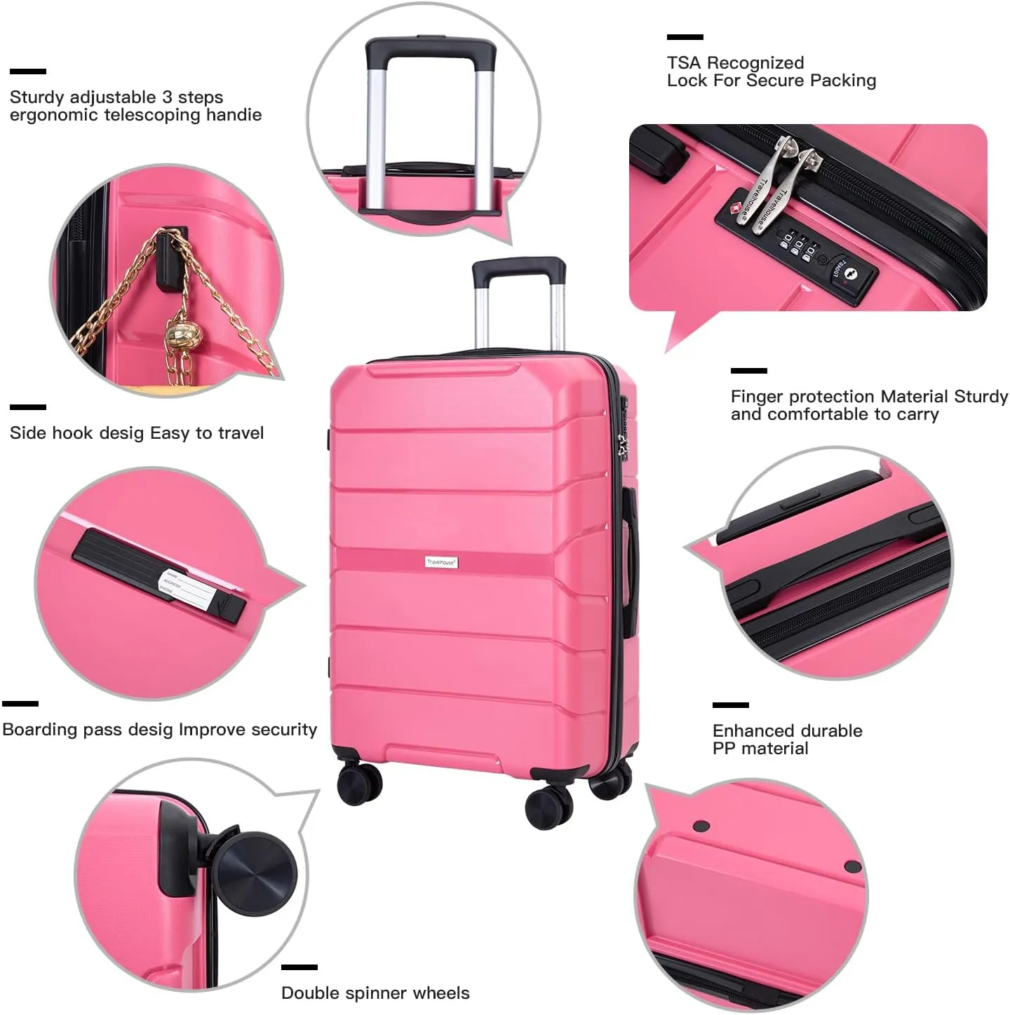 Travelhouse Luggage Sets, Hardside Suitcases 24in/28in, Carry on 20in,3 Piece Set Travel Luggages Clearance with Double Spinner Wheels TSA Lock Lightweight (Pink)
