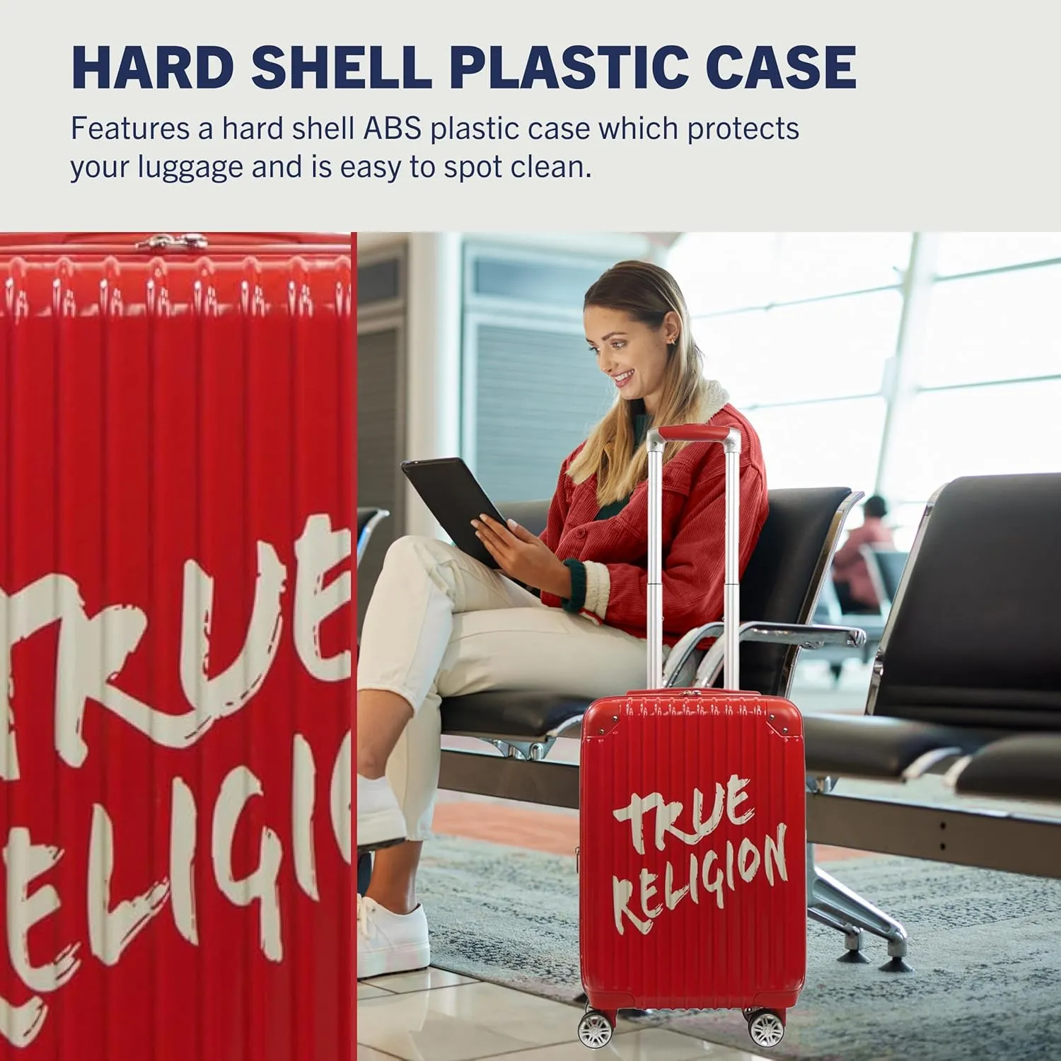 True Religion Carry-On Luggage, Hardshell Rolling Suitcase with Spinner Wheels, Red, Medium