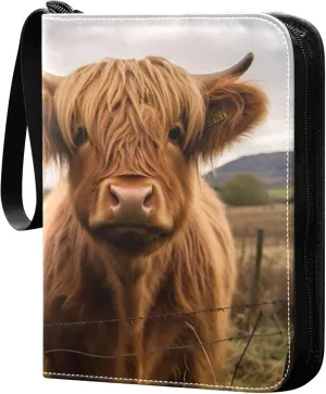 Two Scottish Highlands Cow Card Binder 4 Pocket Collectible Trading Card Albums with 50 Sleeves Double Side PU Waterproof 3 Ring for Sports & Game Cards