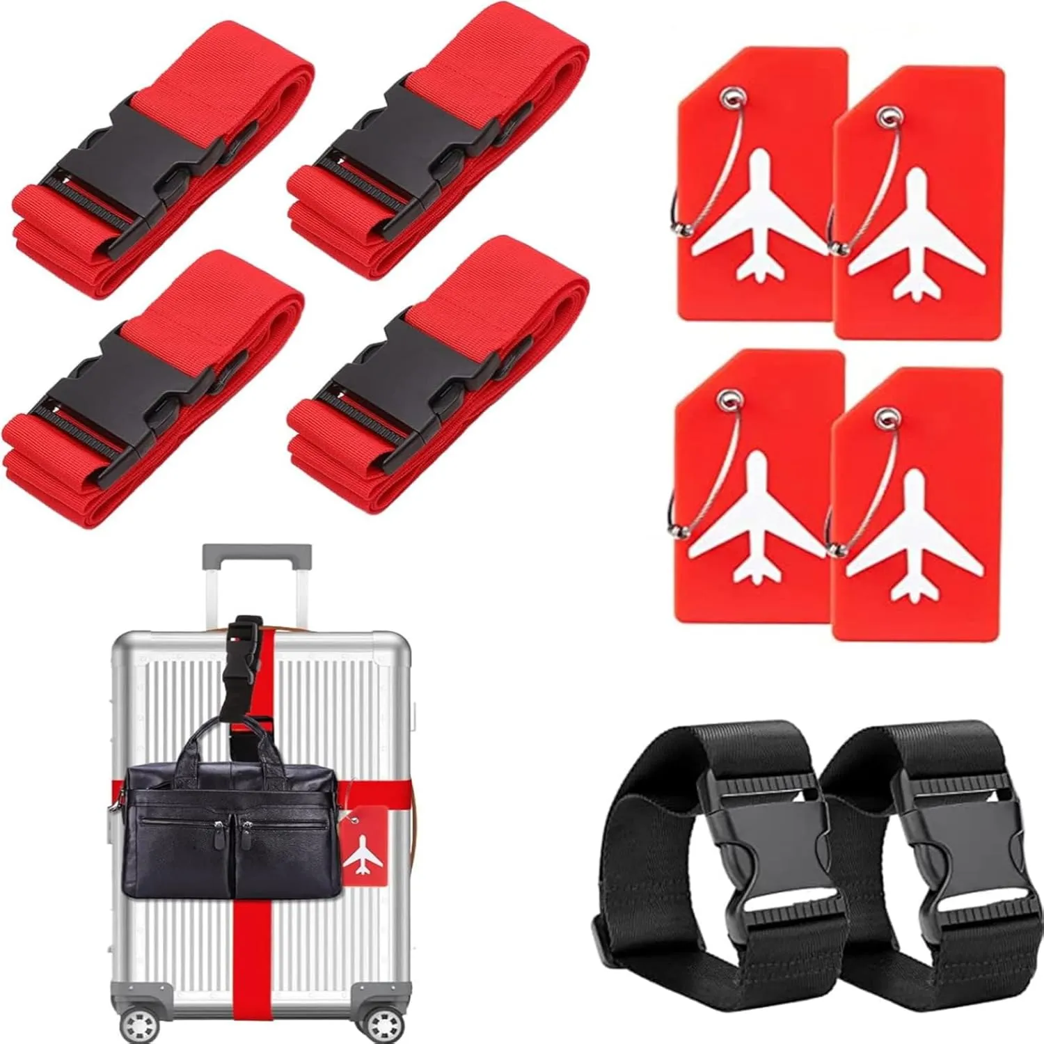 TZAONEN Luggage Straps for Suitcases TSA Approved & Luggage Tag Set, Adjustable Travel Luggage Belt for Luggage, Suitcase Packing Straps to Keep Suitcase Secure While Traveling (Red-10pcs)