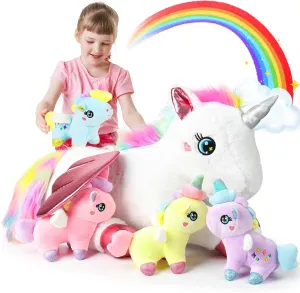 Unicorn Stuffed Animals Toys, Rainbow Unicorns Plush Toy with Wings, Stuffed Mommy Unicorn Stuffy with 4 Baby Plush Unicorns in Her Tummy Gifts for Kid, Toys for Girls Ages 3-8  Years