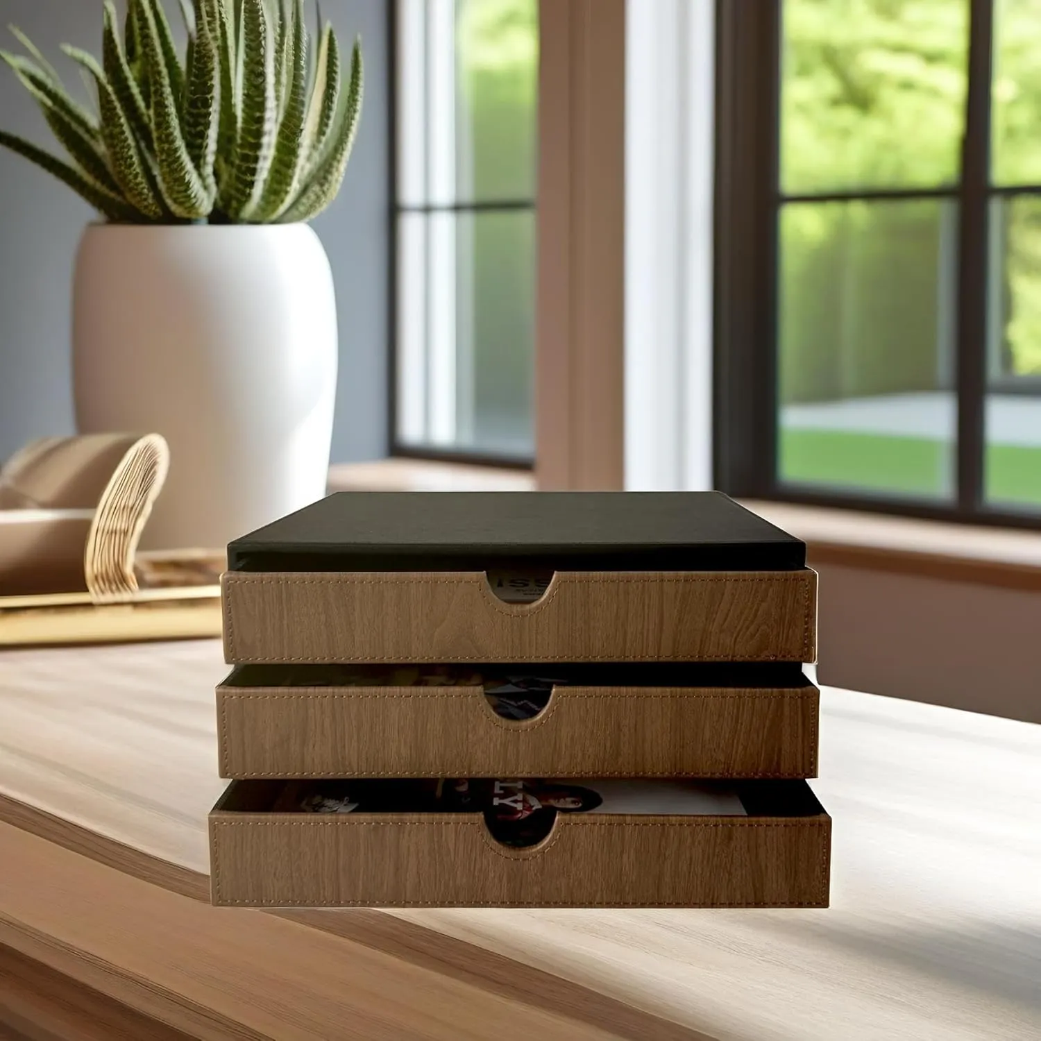 UnionBasic Document Organizer, 3-Drawer File Cabinet Document Storage Box, Office Desktop Filing Organizer, Black with Wood Grain Drawers