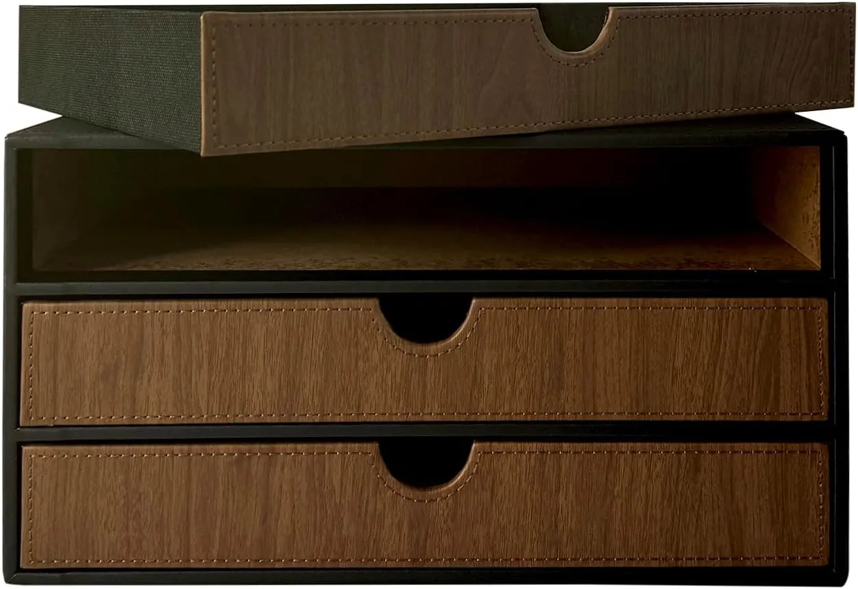 UnionBasic Document Organizer, 3-Drawer File Cabinet Document Storage Box, Office Desktop Filing Organizer, Black with Wood Grain Drawers