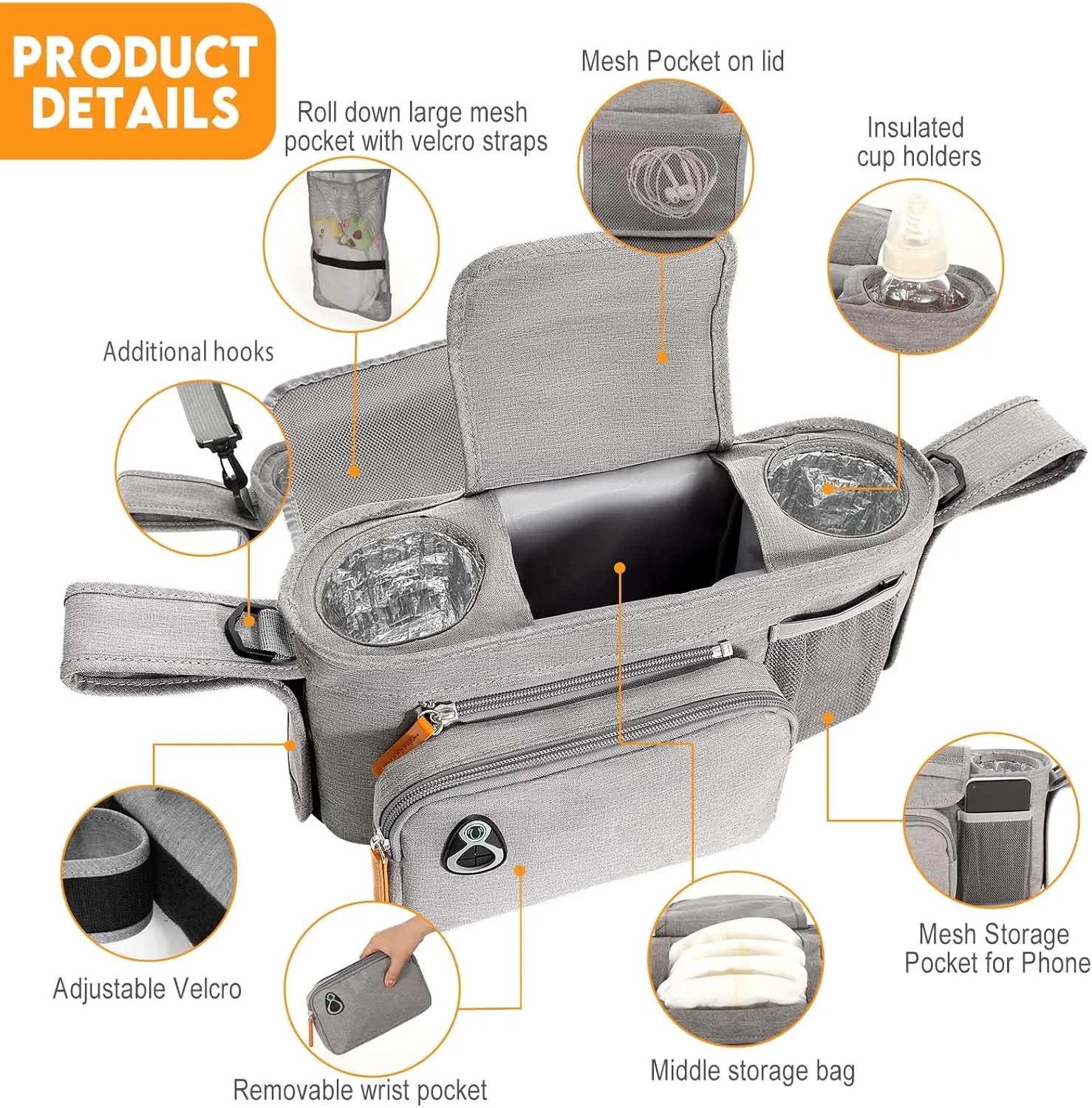 Universal Stroller Organizer with Cup Holder and Phone Holder, Insulated Cup Holder, Large Pocket, Stroller Caddy for Phone Fits Most of Stroller Like Baby Jogger, Britax, BOB, Umbrella, Doona (Grey)