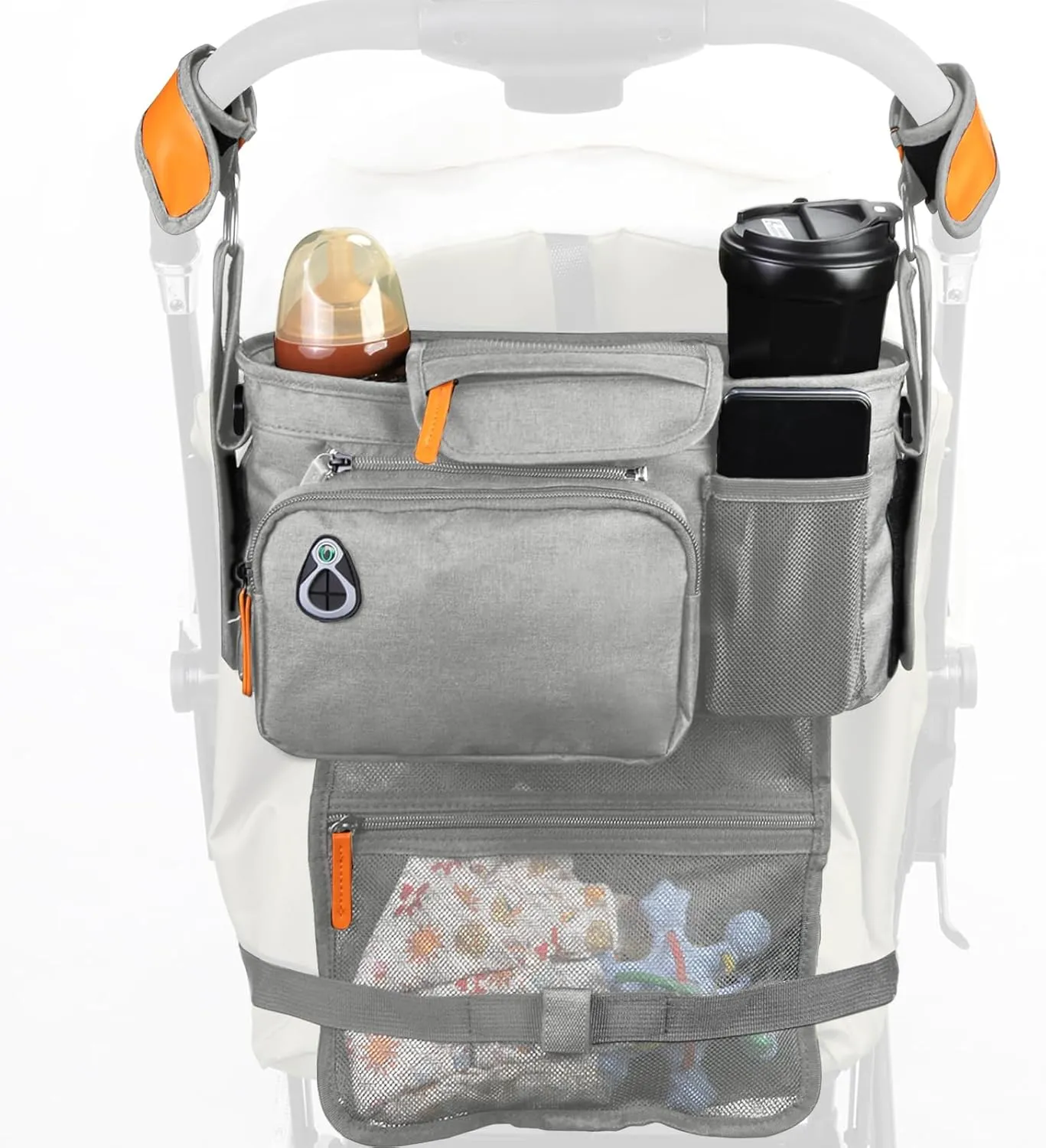 Universal Stroller Organizer with Cup Holder and Phone Holder, Insulated Cup Holder, Large Pocket, Stroller Caddy for Phone Fits Most of Stroller Like Baby Jogger, Britax, BOB, Umbrella, Doona (Grey)