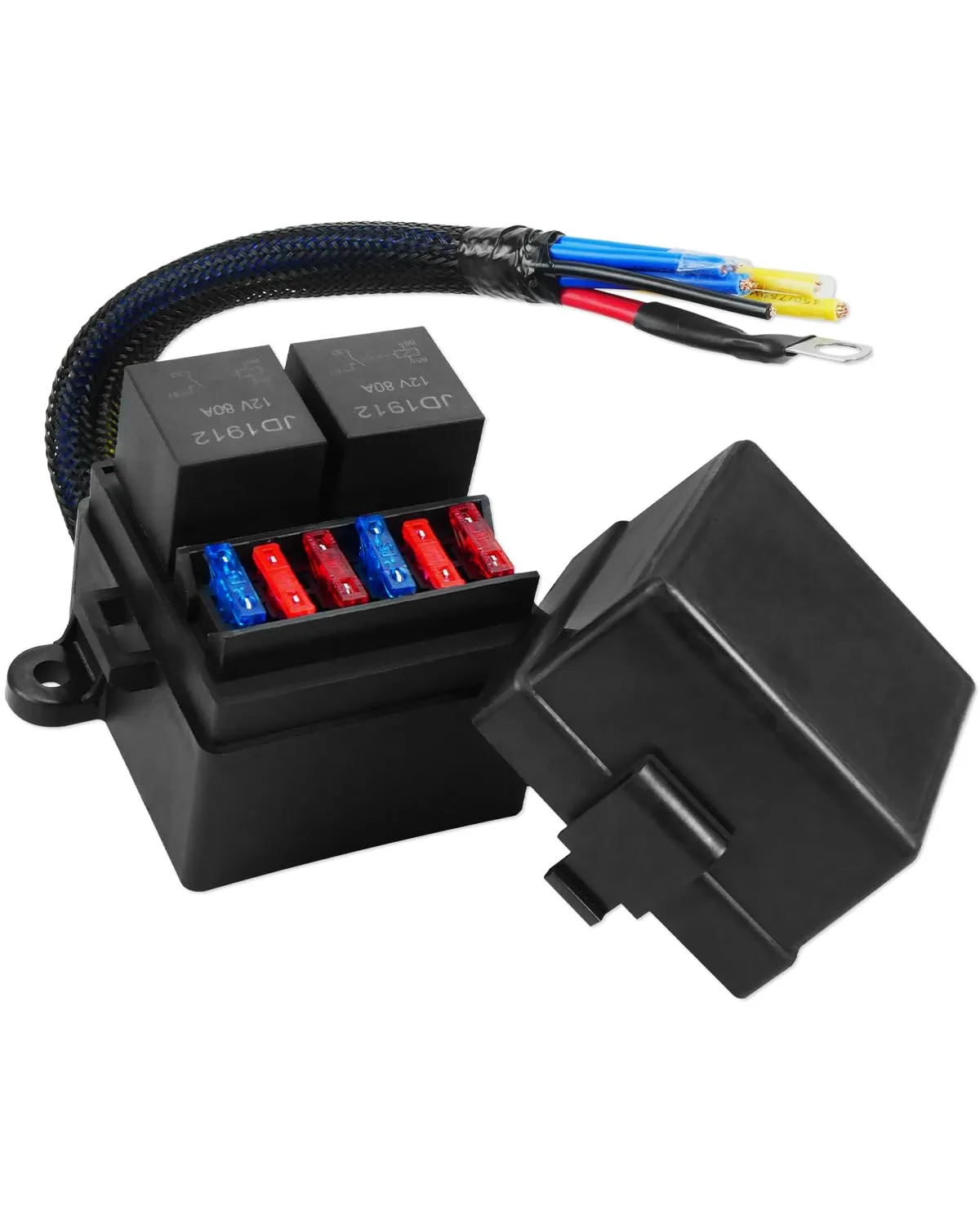 Universal Waterproof Fuse Relay Box with Pre-Wired Design, 2 Relay Slots and 6 ATC/ATO Fuse Holders, 2 4Pin 80A Relays and 6 ATC ATO Fuses for Automotive Car Truck Boat Marine RV Black with Lid