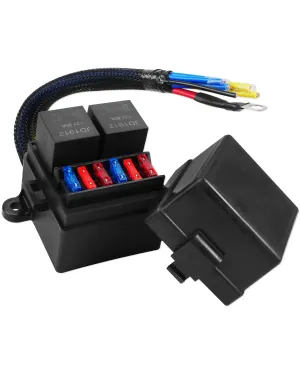 Universal Waterproof Fuse Relay Box with Pre-Wired Design, 2 Relay Slots and 6 ATC/ATO Fuse Holders, 2 4Pin 80A Relays and 6 ATC ATO Fuses for Automotive Car Truck Boat Marine RV Black with Lid
