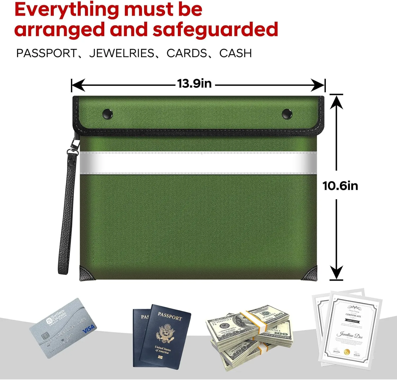 Upgraded 5200°F Heat Insulated Fireproof Money Bag with 8 layers of Protective Material,13.9”x10.6” Fire Proof Bag for Documents with Zipper,Fireproof Pouch for Cash,Jewelry(Green)