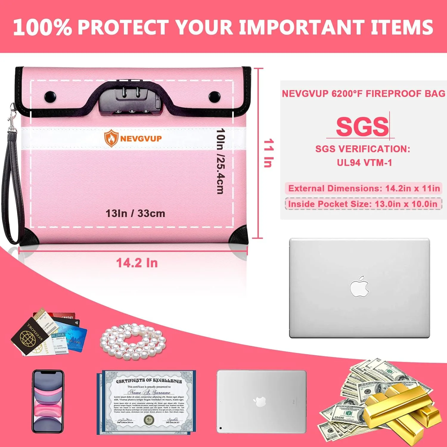 Upgraded 6200°F Fireproof Document Bag with Code Lock, Fire Proof Bag w. Zipper/Reflective Strip, 9 Layers of Heat Insulated Materials, Fireproof Money Bag for Cash/Documents, Water Resistant