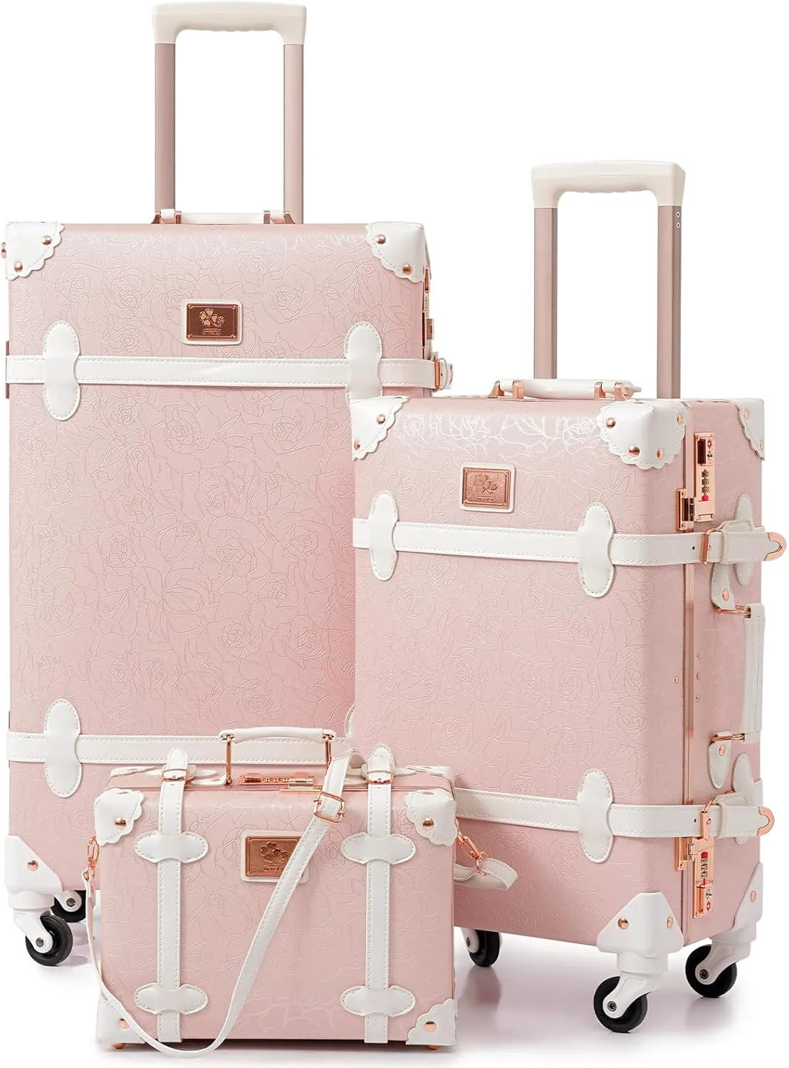 urecity Vintage Luggage Sets of 3 Piece - Hardside Lightweight Spinner Suitcases - Retro Travel Set includes Under Seat Train Case, 26" 20" 12" (Elegant Pink)