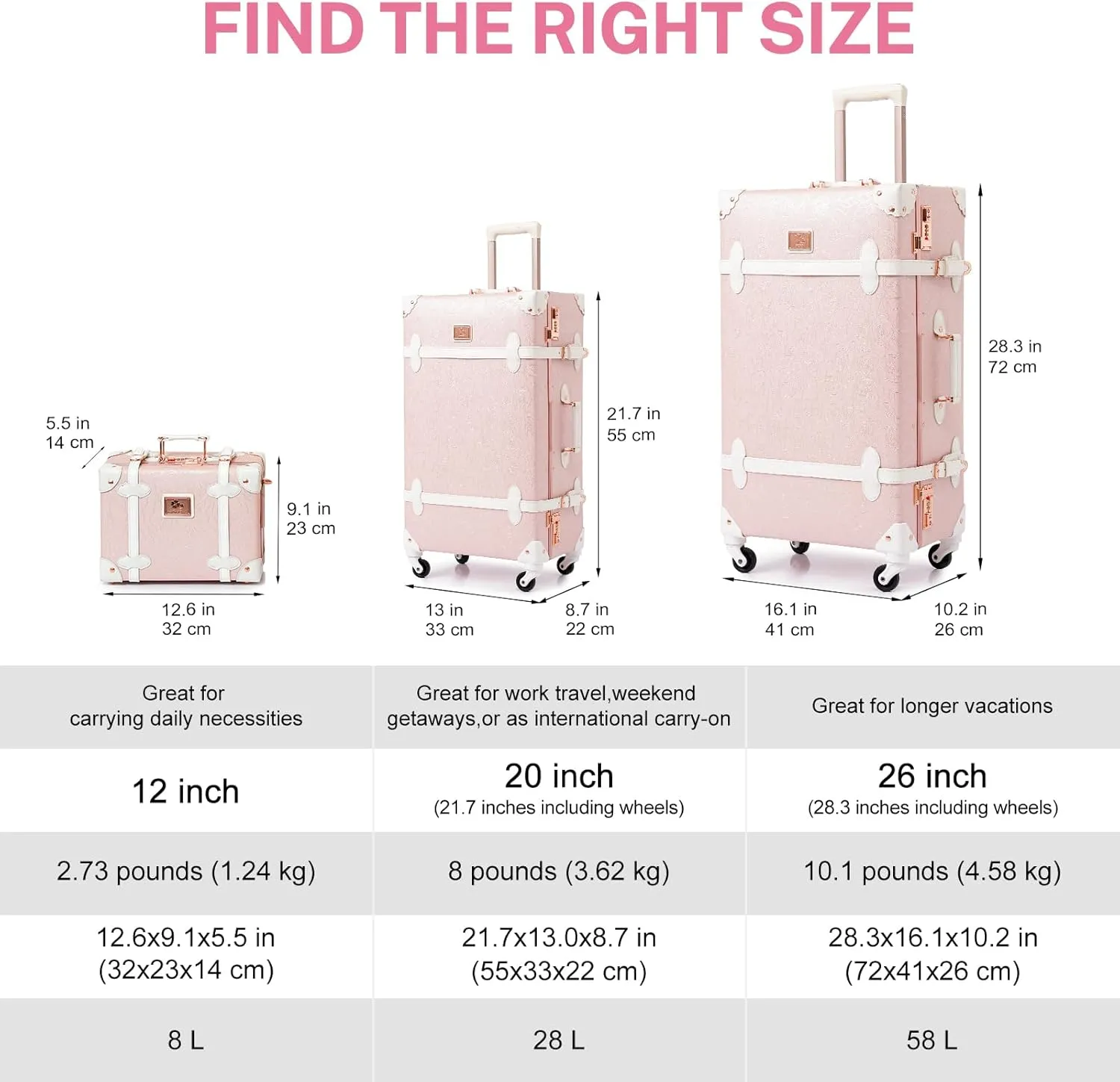urecity Vintage Luggage Sets of 3 Piece - Hardside Lightweight Spinner Suitcases - Retro Travel Set includes Under Seat Train Case, 26" 20" 12" (Elegant Pink)