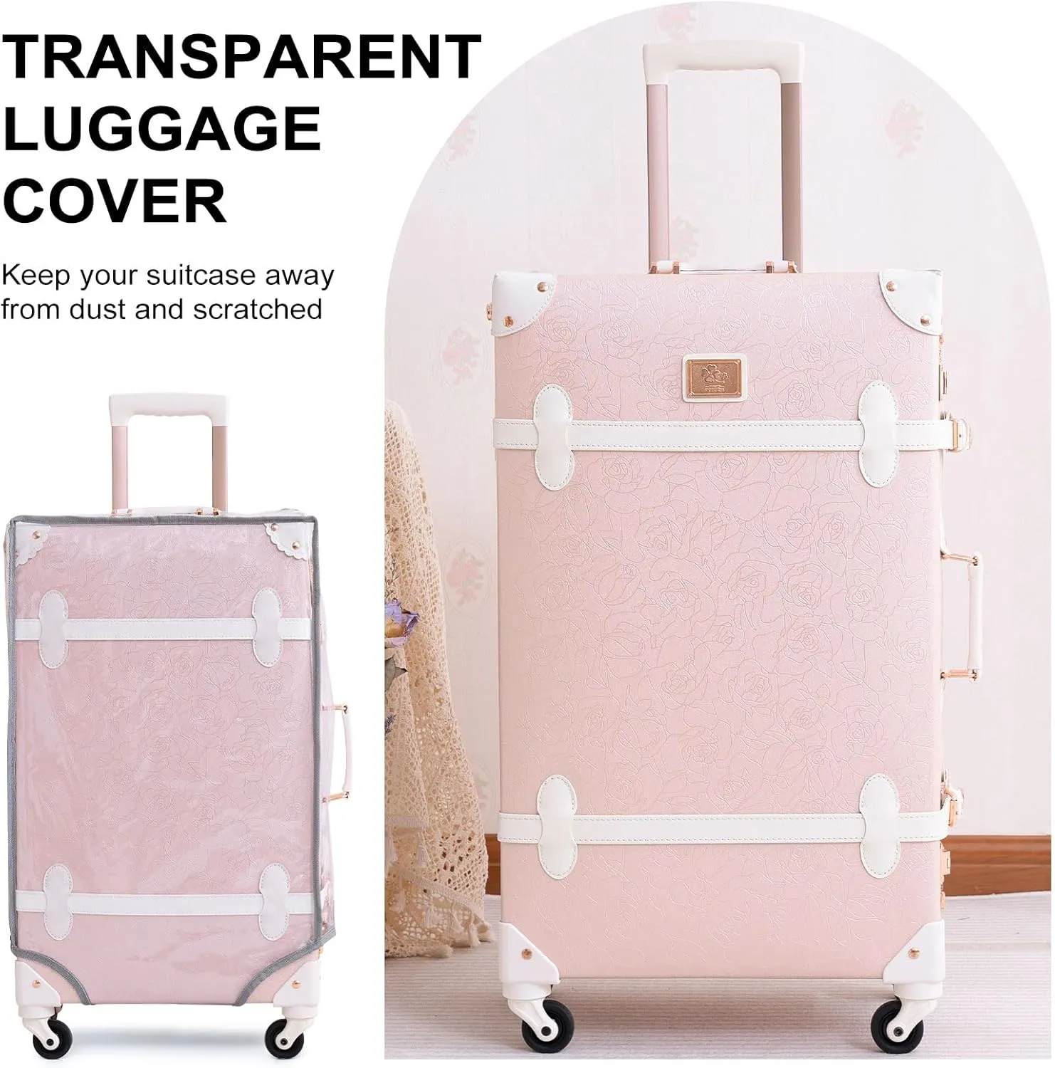 urecity Vintage Luggage Sets of 3 Piece - Hardside Lightweight Spinner Suitcases - Retro Travel Set includes Under Seat Train Case, 26" 20" 12" (Elegant Pink)
