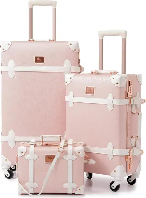 urecity Vintage Luggage Sets of 3 Piece - Hardside Lightweight Spinner Suitcases - Retro Travel Set includes Under Seat Train Case, 26" 20" 12" (Elegant Pink)