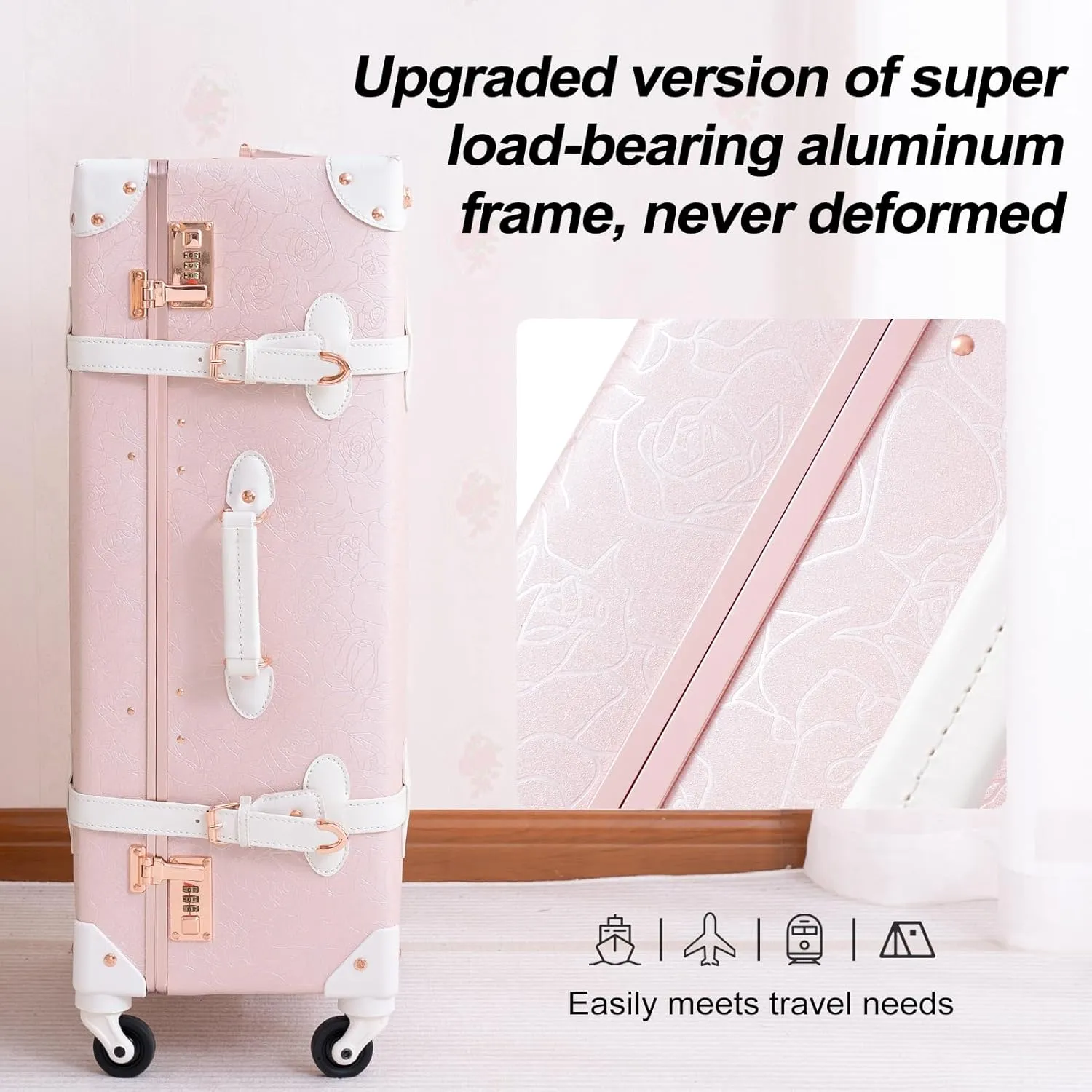 urecity Vintage Luggage Sets of 3 Piece - Hardside Lightweight Spinner Suitcases - Retro Travel Set includes Under Seat Train Case, 26" 20" 12" (Elegant Pink)