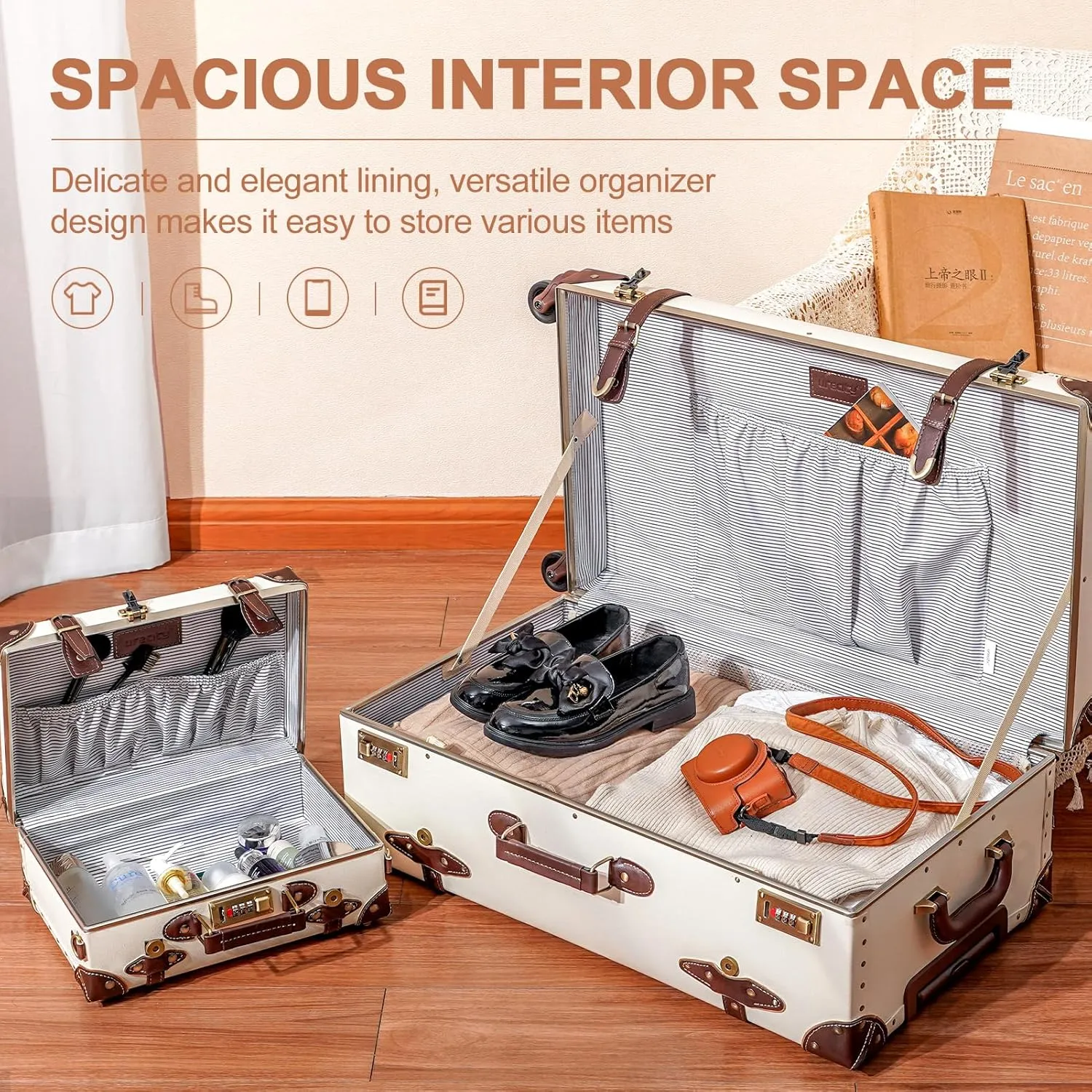 urecity Vintage Luggage Sets of 3 Piece - Hardside Lightweight Spinner Suitcases - Retro Travel Set includes Under Seat Train Case, 26" 20" 12"