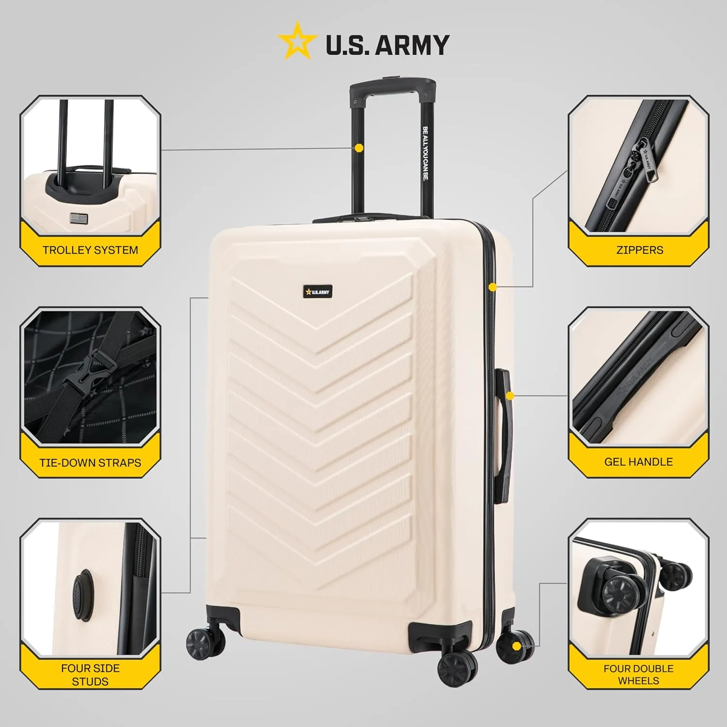 US ARMY Fox 28 inch Hardside Luggage with Spinner Wheels | Lightweight Large Suitcase for Extended Travel | Chevron Icon, Gel Handle, Side Studs, Retractable Trolley, Heavy Duty | Sand